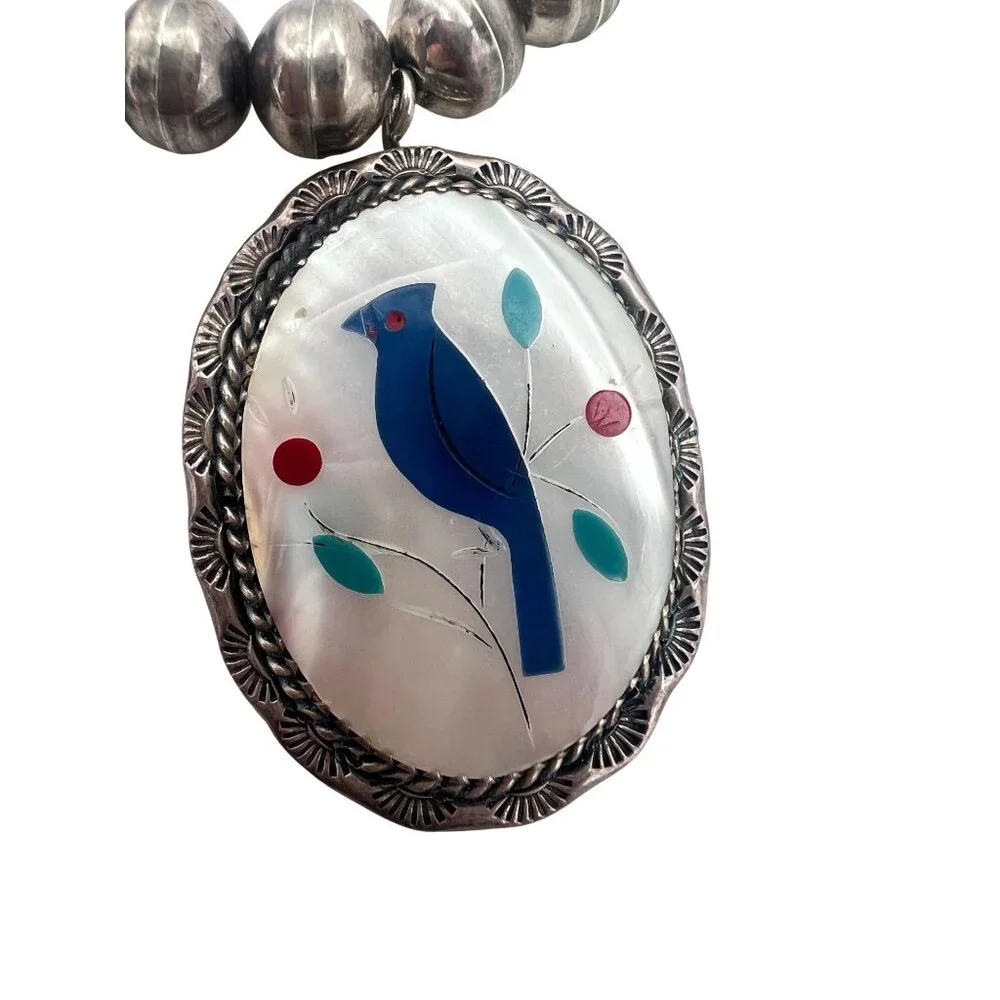 Vintage/Antique Native American Zuni Necklace Blue Bird Sterling Silver Bead - Picture 9 of 10